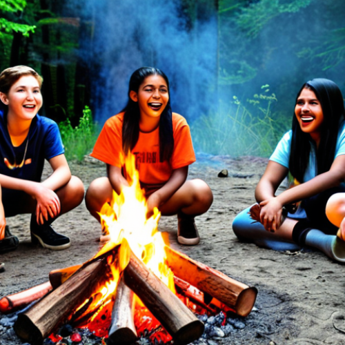 Home 4 A vibrant campfire scene with diverse teenagers, a youth leader subtly guiding them, expressions of joy and discovery, symbolizing hidden talents emerging.