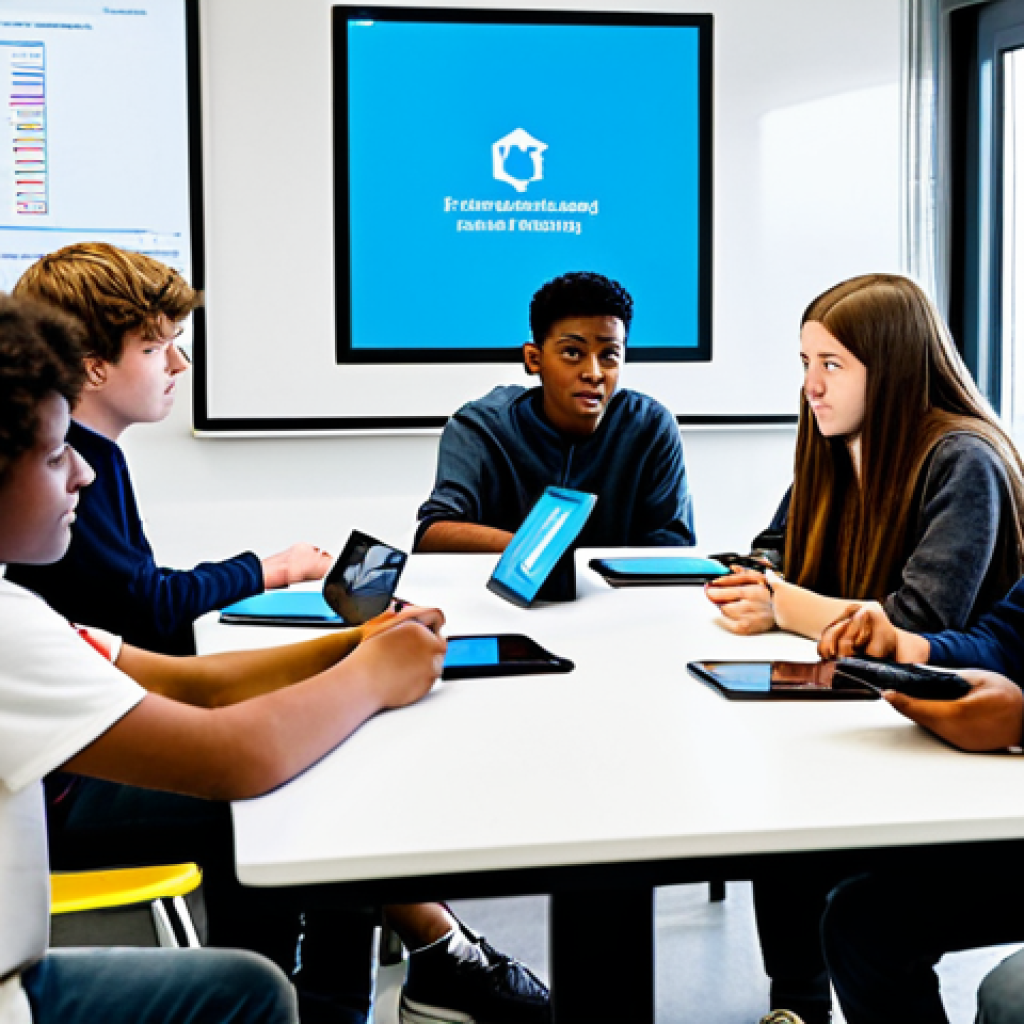 A professional youth leader and a diverse group of teenagers, all fully clothed in appropriate, modest attire, engaged in an interactive media literacy workshop. They are gathered around a table with tablets and a large screen displaying conceptual digital content and "fake news" examples. The scene is set in a bright, modern youth center with natural light. The atmosphere is collaborative and educational, with focused expressions. perfect anatomy, correct proportions, natural pose, well-formed hands, proper finger count, natural body proportions, professional photography, high quality, safe for work, appropriate content, family-friendly.