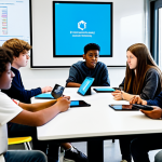A professional youth leader and a diverse group of teenagers, all fully clothed in appropriate, modest attire, engaged in an interactive media literacy workshop. They are gathered around a table with tablets and a large screen displaying conceptual digital content and "fake news" examples. The scene is set in a bright, modern youth center with natural light. The atmosphere is collaborative and educational, with focused expressions. perfect anatomy, correct proportions, natural pose, well-formed hands, proper finger count, natural body proportions, professional photography, high quality, safe for work, appropriate content, family-friendly.