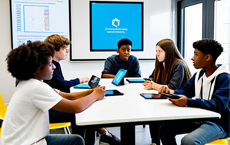 A professional youth leader and a diverse group of teenagers, all fully clothed in appropriate, modest attire, engaged in an interactive media literacy workshop. They are gathered around a table with tablets and a large screen displaying conceptual digital content and "fake news" examples. The scene is set in a bright, modern youth center with natural light. The atmosphere is collaborative and educational, with focused expressions. perfect anatomy, correct proportions, natural pose, well-formed hands, proper finger count, natural body proportions, professional photography, high quality, safe for work, appropriate content, family-friendly.