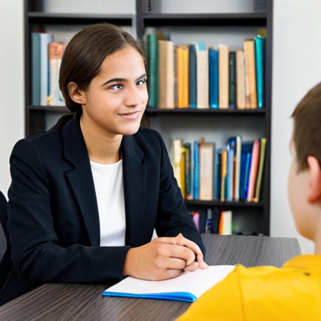 **
A professional youth counselor, fully clothed in modest business casual attire, actively listening to a teenage student in a modern, bright school counseling office. The counselor is making eye contact and nodding attentively. Background includes bookshelves and comfortable seating. Safe for work, appropriate content, professional setting, perfect anatomy, correct proportions, natural pose, well-formed hands, proper finger count, natural body proportions, high quality, family-friendly.
**
