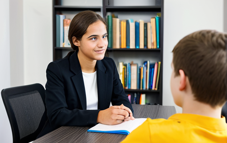 **

A professional youth counselor, fully clothed in modest business casual attire, actively listening to a teenage student in a modern, bright school counseling office. The counselor is making eye contact and nodding attentively. Background includes bookshelves and comfortable seating. Safe for work, appropriate content, professional setting, perfect anatomy, correct proportions, natural pose, well-formed hands, proper finger count, natural body proportions, high quality, family-friendly.

**