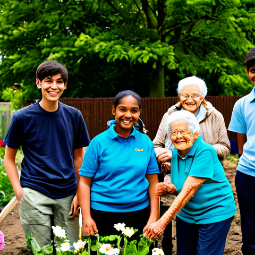 Youth-Led Community Project**
A group of diverse teenagers, fully clothed in appropriate casual attire, are planting flowers in a community garden, surrounded by smiling elderly residents. The scene is vibrant and sunny, showcasing community spirit. Perfect anatomy, correct proportions, natural pose, well-formed hands, proper finger count. Safe for work, appropriate content, professional, modest, family-friendly.
**
