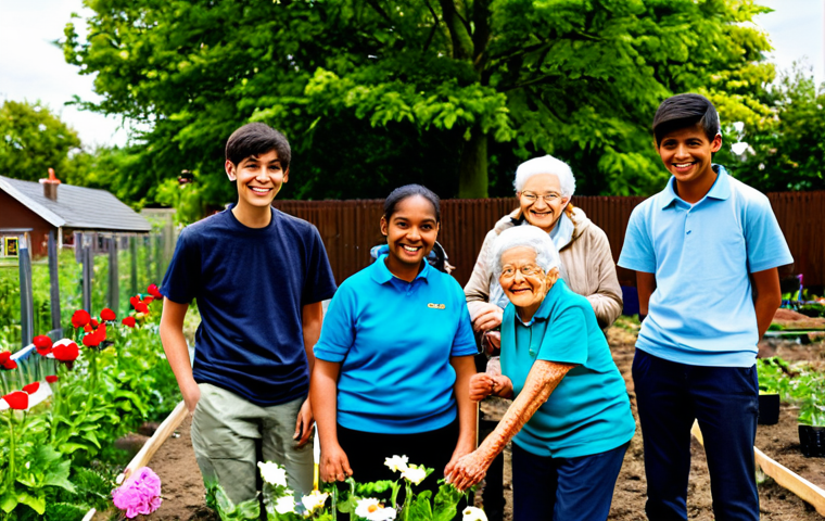 Youth-Led Community Project**

A group of diverse teenagers, fully clothed in appropriate casual attire, are planting flowers in a community garden, surrounded by smiling elderly residents. The scene is vibrant and sunny, showcasing community spirit. Perfect anatomy, correct proportions, natural pose, well-formed hands, proper finger count. Safe for work, appropriate content, professional, modest, family-friendly.

**