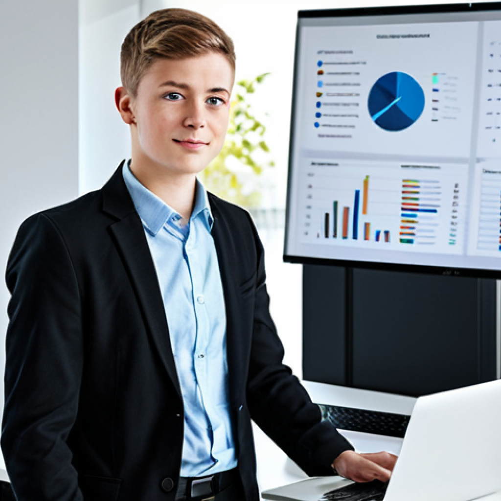 청소년지도사로서의 업무 자동화 도구 활용 - A professional youth worker in appropriate attire, standing in a modern office with a laptop display...