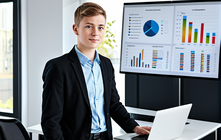 청소년지도사로서의 업무 자동화 도구 활용 - A professional youth worker in appropriate attire, standing in a modern office with a laptop display...