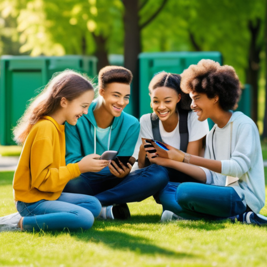 청소년지도사와 청소년 문제 해결 아이디어 공유 사례 - A diverse group of cheerful teenagers (ages 14-17) actively participating in an outdoor digital deto...