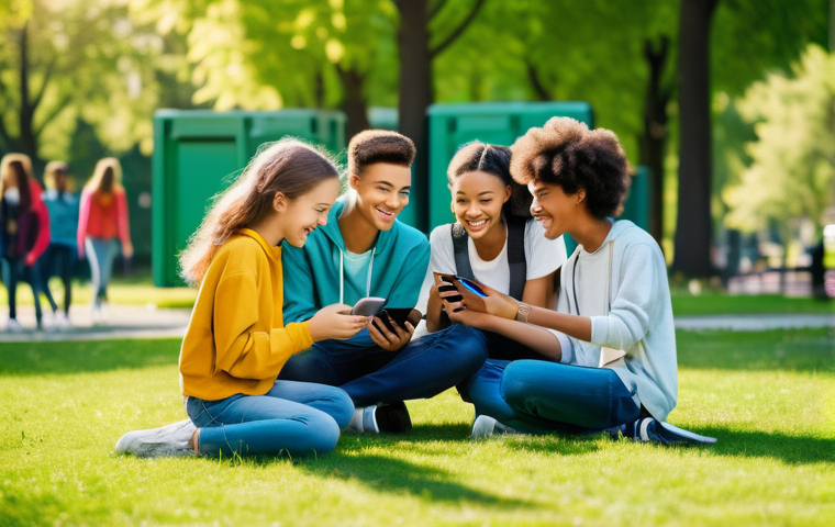 청소년지도사와 청소년 문제 해결 아이디어 공유 사례 - A diverse group of cheerful teenagers (ages 14-17) actively participating in an outdoor digital deto...