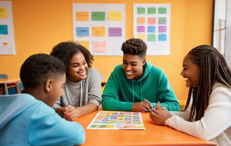 청소년지도사와 청소년 문제 해결 아이디어 공유 사례 - A diverse group of cheerful teenagers (ages 14-17) actively participating in an outdoor digital deto...