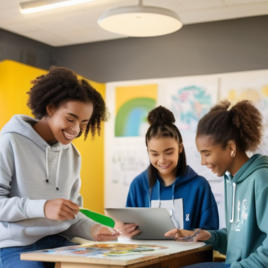 청소년지도사와 청소년의 학업 동기 부여 방법 - A diverse group of teenagers, aged 14-17, in a brightly lit and modern youth center. They are engage...