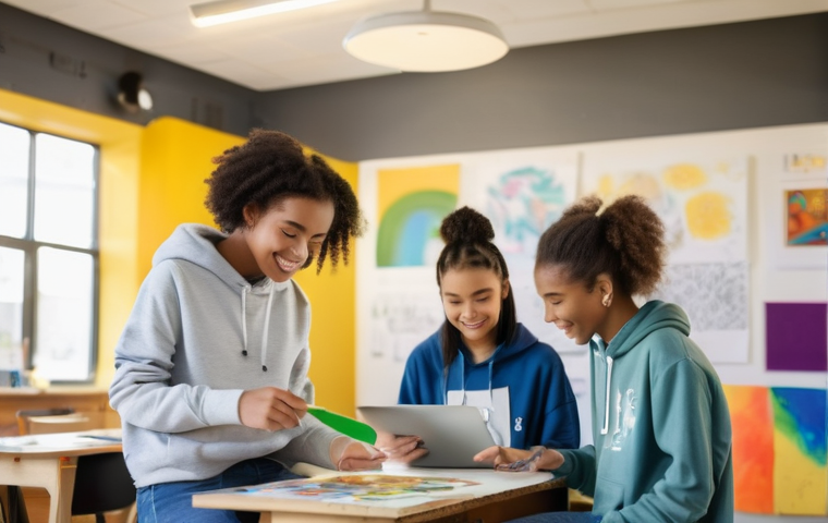 청소년지도사와 청소년의 학업 동기 부여 방법 - A diverse group of teenagers, aged 14-17, in a brightly lit and modern youth center. They are engage...