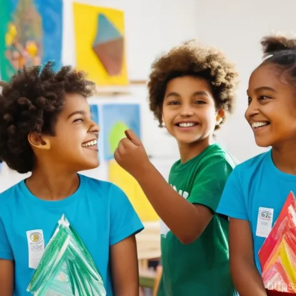 청소년지도사와 청소년 창의력 향상 활동 - A group of diverse children, aged 8-12, beaming with self-confidence as they proudly display their u...