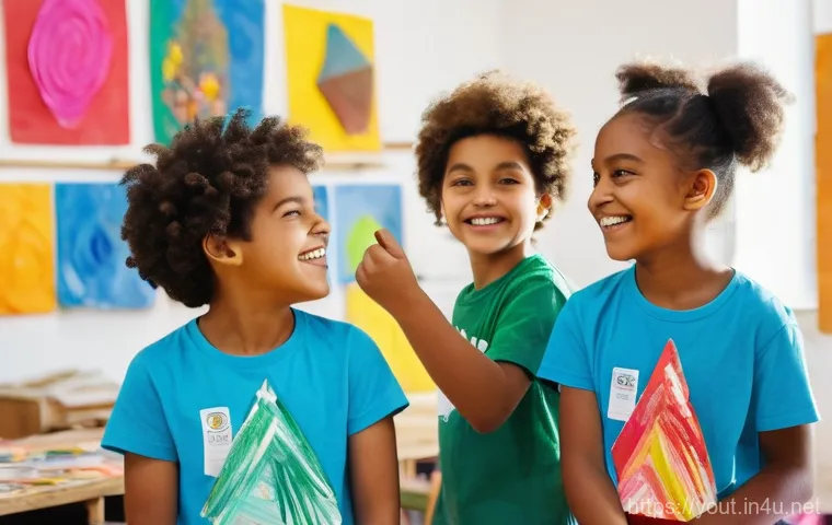 청소년지도사와 청소년 창의력 향상 활동 - A group of diverse children, aged 8-12, beaming with self-confidence as they proudly display their u...