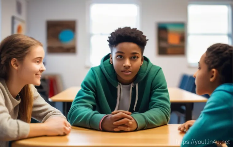 청소년지도사 필수 역량 키우기 - **Prompt:** A warm and inviting scene depicting a diverse group of teenagers (ages 14-17, boys and g...