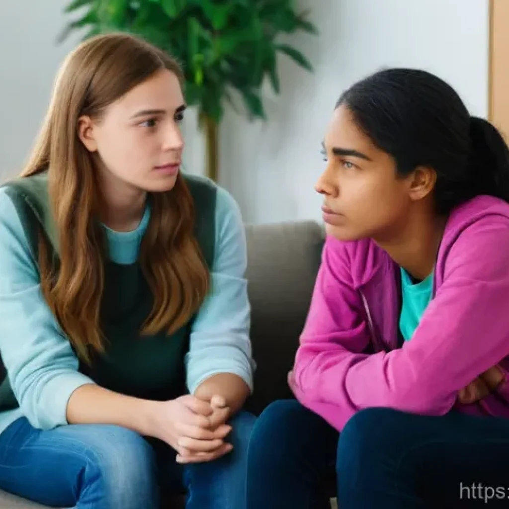 청소년지도사와 청소년 갈등 해결 사례 - A compassionate female youth counselor, with a warm and understanding expression, is gently listenin...