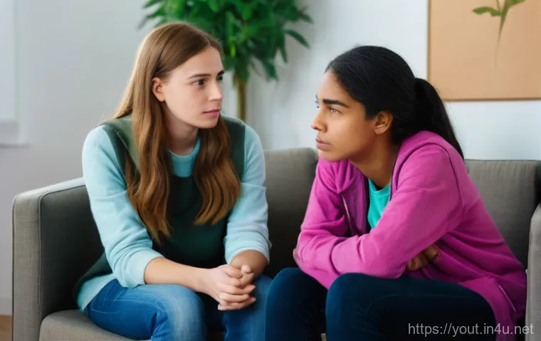 청소년지도사와 청소년 갈등 해결 사례 - A compassionate female youth counselor, with a warm and understanding expression, is gently listenin...