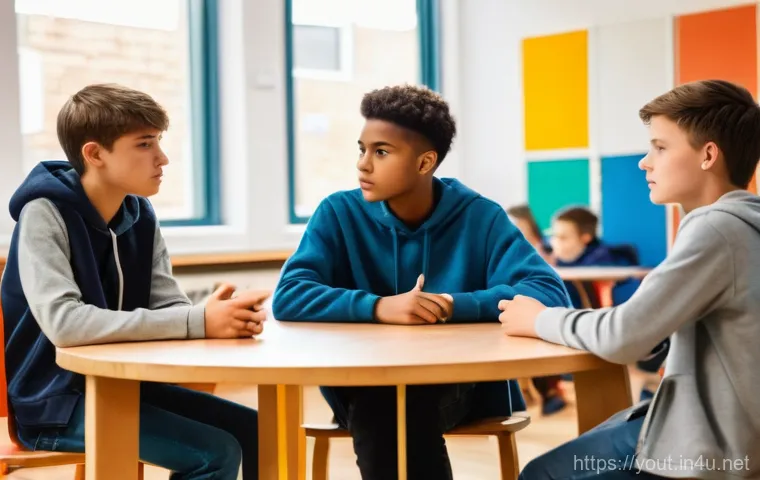 청소년지도사와 청소년 갈등 해결 사례 - A compassionate female youth counselor, with a warm and understanding expression, is gently listenin...