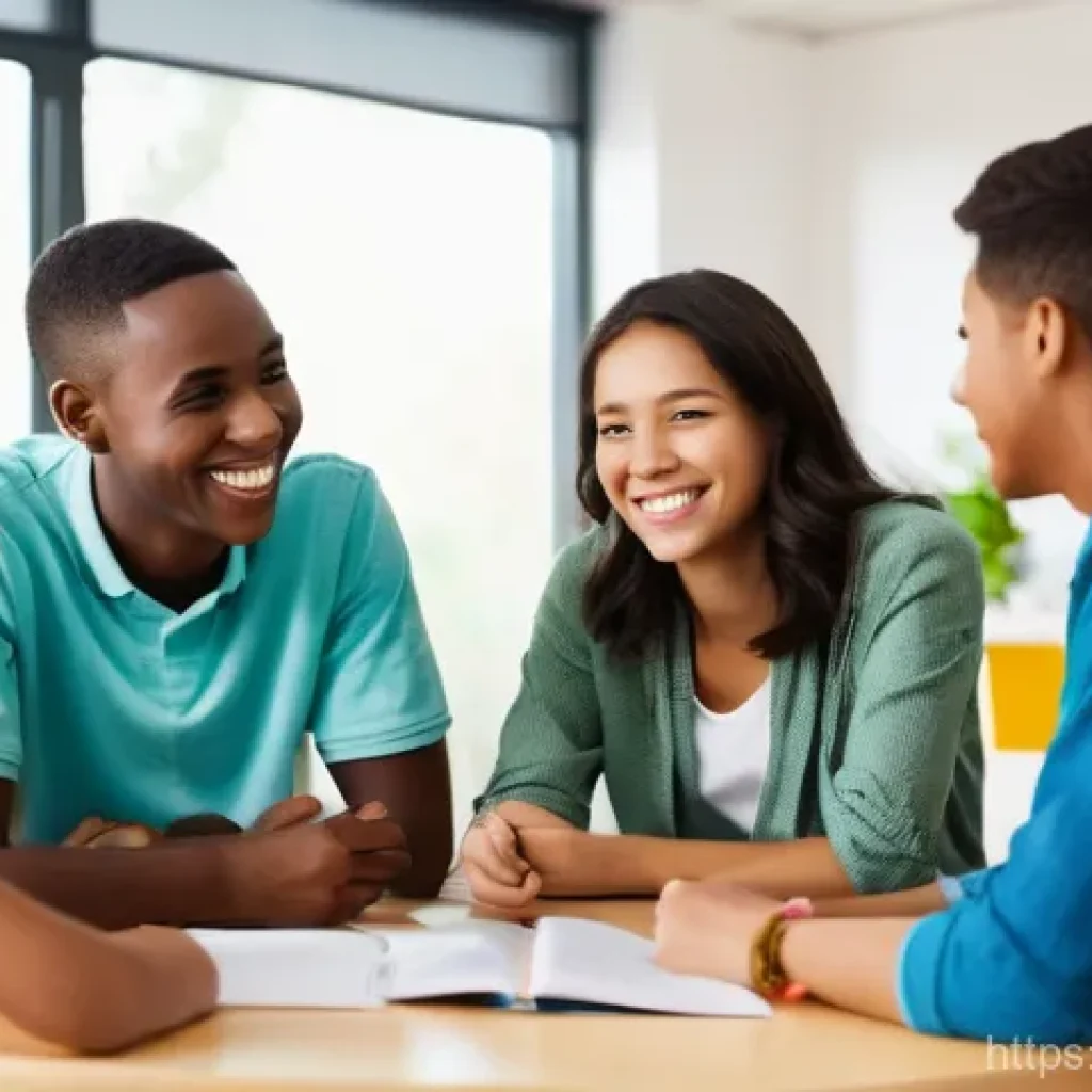 청소년지도사와 청소년 문제 예방 전략 설계 - **Image Prompt 1: The Supportive Youth Counselor and Engaged Teenagers**
A brightly lit, modern ...