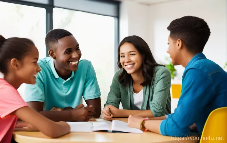 청소년지도사와 청소년 문제 예방 전략 설계 - **Image Prompt 1: The Supportive Youth Counselor and Engaged Teenagers**
A brightly lit, modern ...