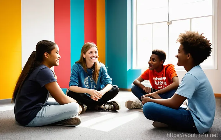 청소년지도사와 청소년 봉사활동의 효과 - **Prompt 1: A Youth Counselor Mentoring Teenagers in a Vibrant Community Space**
A diverse group...