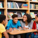 청소년지도사와 청소년 독서 프로그램 - **Prompt 1: Empathetic Youth Leader Guiding Diverse Teenagers**
    "A heartwarming scene in a moder...