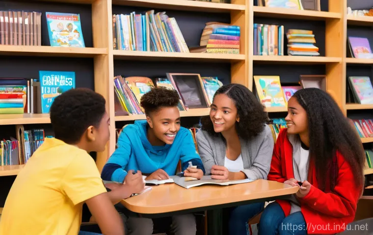 청소년지도사와 청소년 독서 프로그램 - **Prompt 1: Empathetic Youth Leader Guiding Diverse Teenagers**
"A heartwarming scene in a moder...