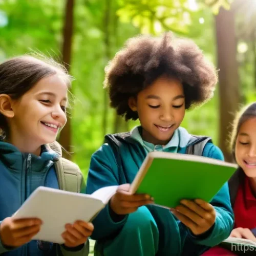 Home 28 청소년지도사와 청소년 리더십 개발 프로그램 - A vibrant scene of a diverse group of elementary school children, aged 7-10, happily participating i...