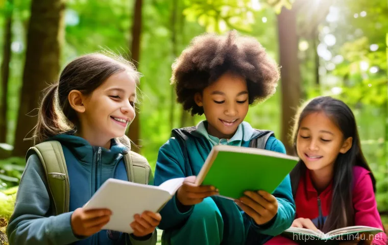 청소년지도사와 청소년 리더십 개발 프로그램 - A vibrant scene of a diverse group of elementary school children, aged 7-10, happily participating i...